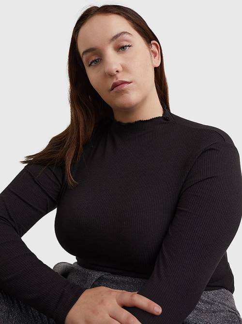 Black Tommy Hilfiger Curve High Neck Skinny Fit Modal Jumper Women's T Shirts | TH942ULD