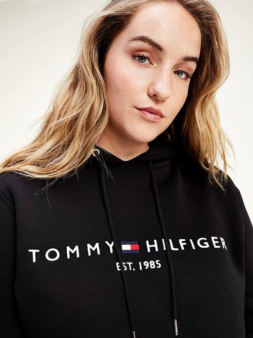 Black Tommy Hilfiger Curve Logo Drawstring Women's Hoodie | TH864EDO