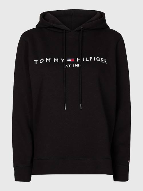 Black Tommy Hilfiger Curve Logo Drawstring Women's Hoodie | TH864EDO