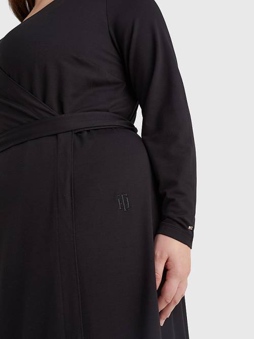 Black Tommy Hilfiger Curve Long Sleeve V-Neck Midi Wrap Women's Dress | TH049BST