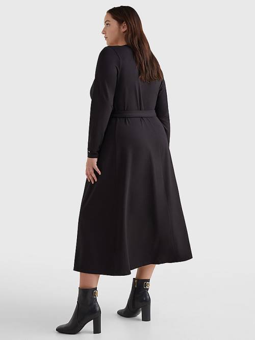 Black Tommy Hilfiger Curve Long Sleeve V-Neck Midi Wrap Women's Dress | TH049BST