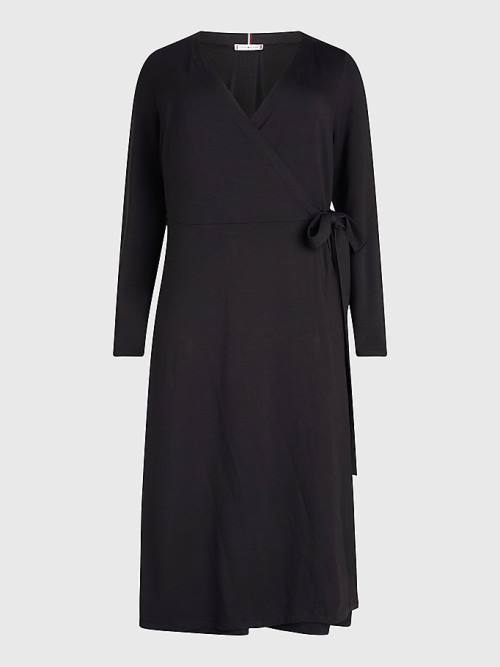 Black Tommy Hilfiger Curve Long Sleeve V-Neck Midi Wrap Women's Dress | TH049BST