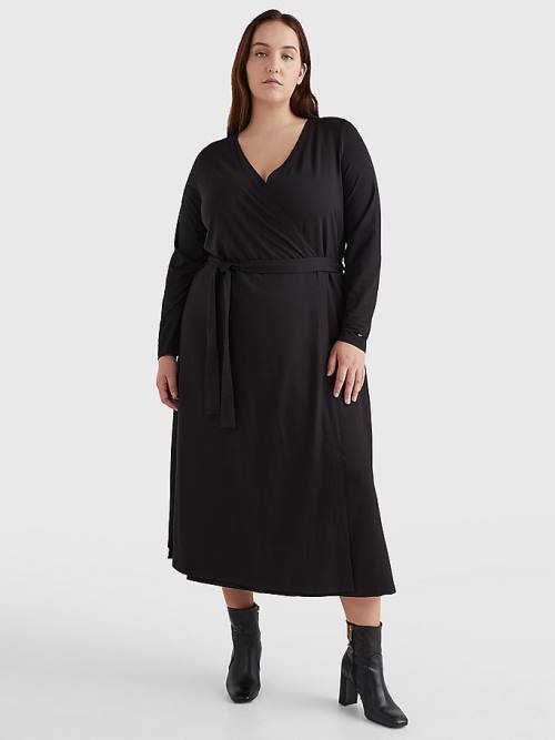 Black Tommy Hilfiger Curve Long Sleeve V-Neck Midi Wrap Women\'s Dress | TH049BST