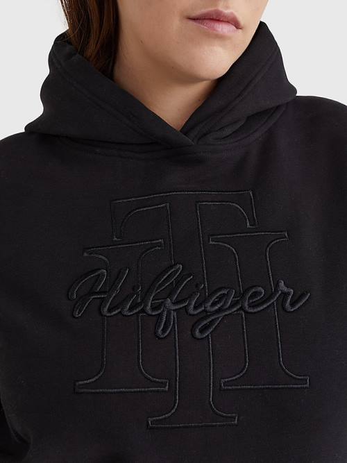 Black Tommy Hilfiger Curve Monogram Embroidery Regular Fit Women's Hoodie | TH910UFR