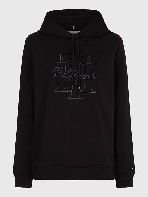 Black Tommy Hilfiger Curve Monogram Embroidery Regular Fit Women's Hoodie | TH910UFR