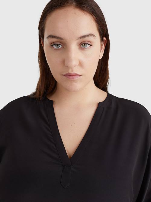 Black Tommy Hilfiger Curve Regular Fit V-Neck Viscose Women's Blouse | TH826WUS