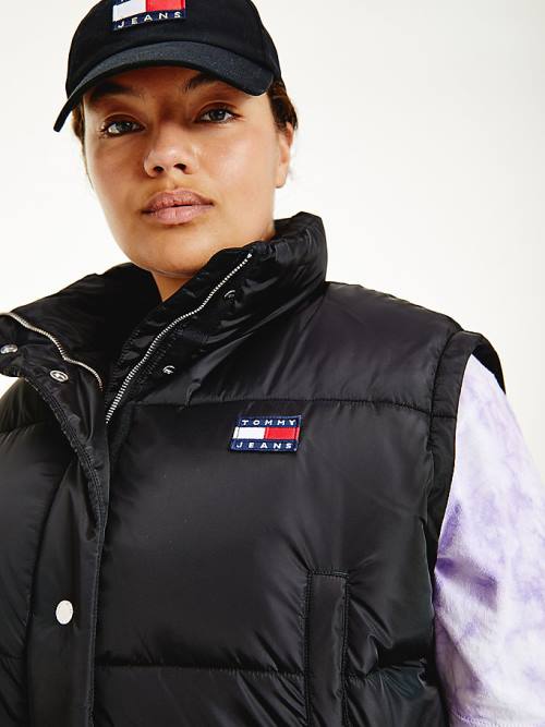 Black Tommy Hilfiger Curve Tommy Badge Cropped Vest Puffer Women's Jackets | TH149LOE