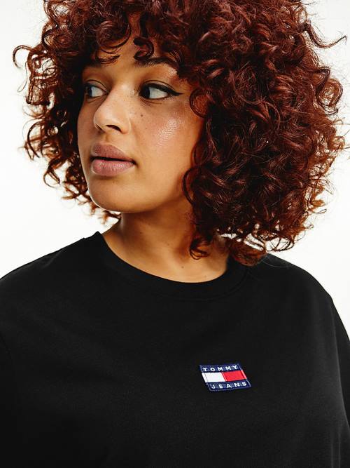 Black Tommy Hilfiger Curve Tommy Badge Crew Neck Women's T Shirts | TH945ZLQ