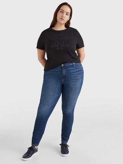 Black Tommy Hilfiger Curve Tonal Script Logo Organic Cotton Women's T Shirts | TH419EUX