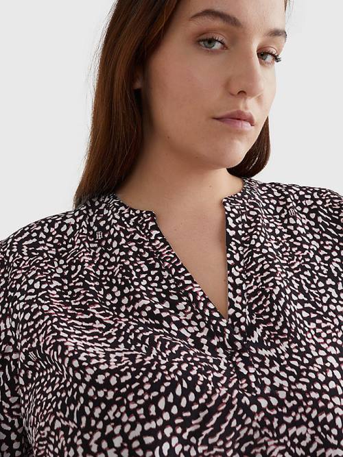 Black Tommy Hilfiger Curve Viscose Feather Print V-Neck Women's Blouse | TH475RAB