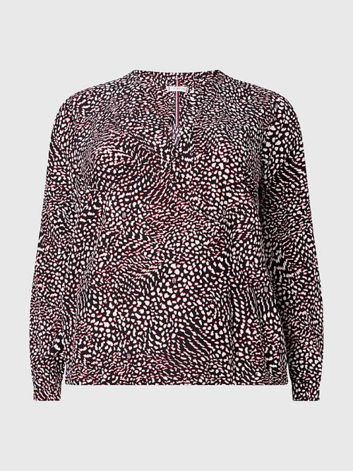 Black Tommy Hilfiger Curve Viscose Feather Print V-Neck Women's Blouse | TH475RAB