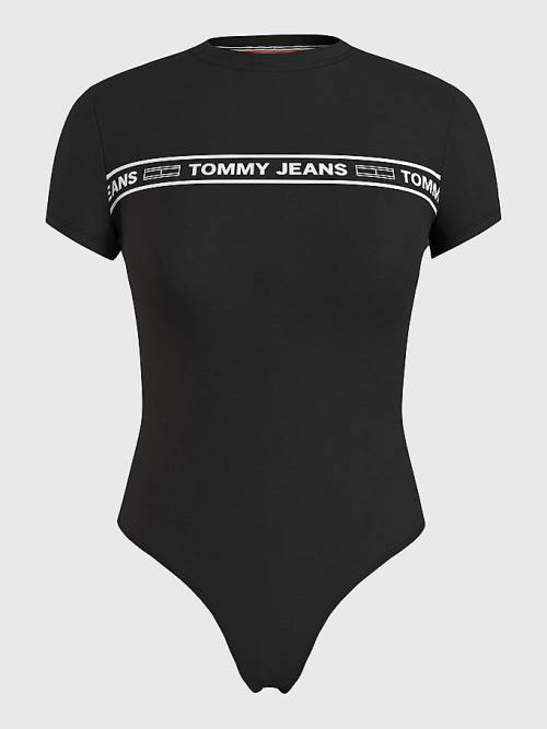 Black Tommy Hilfiger Cut Out Logo Tape Bodysuit Women's T Shirts | TH629JNZ