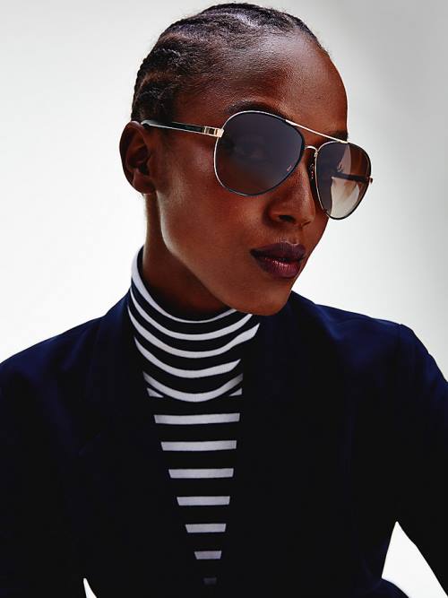 Black Tommy Hilfiger Double Bridge Aviator Women's Sunglasses | TH354ZCM