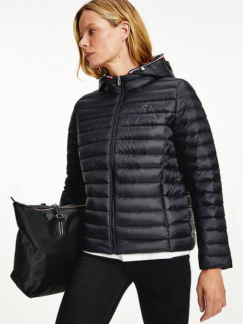 Black Tommy Hilfiger Down-Filled Hooded Zip-Thru Women's Jackets | TH751HUQ