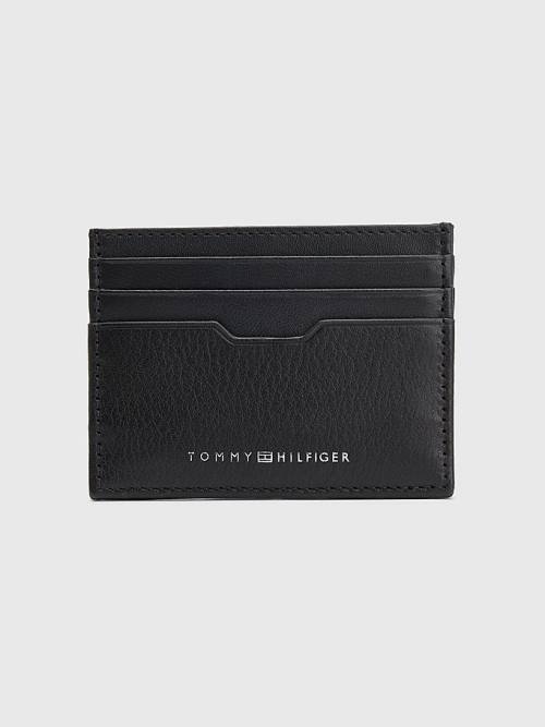 Black Tommy Hilfiger Downtown Leather Card Holder Men's Wallets | TH382ESY