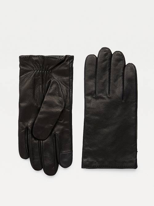 Black Tommy Hilfiger Elasticated Cuff Leather Men\'s Gloves | TH476NXU