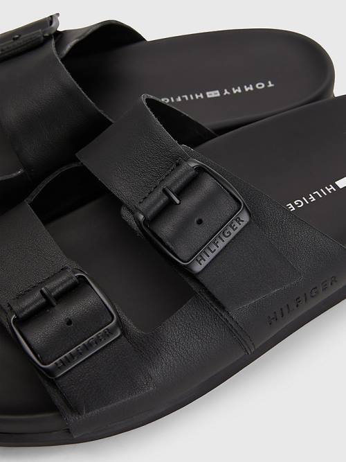 Black Tommy Hilfiger Elevated Double Buckle Leather Men's Sandals | TH694BPE