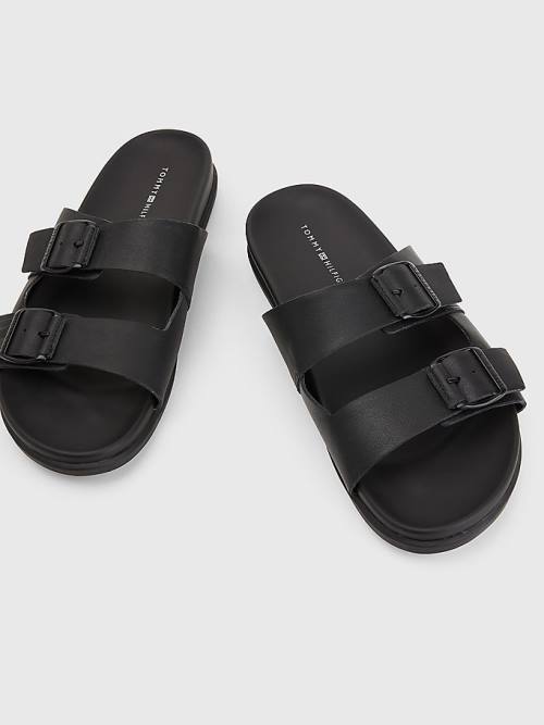 Black Tommy Hilfiger Elevated Double Buckle Leather Men's Sandals | TH694BPE