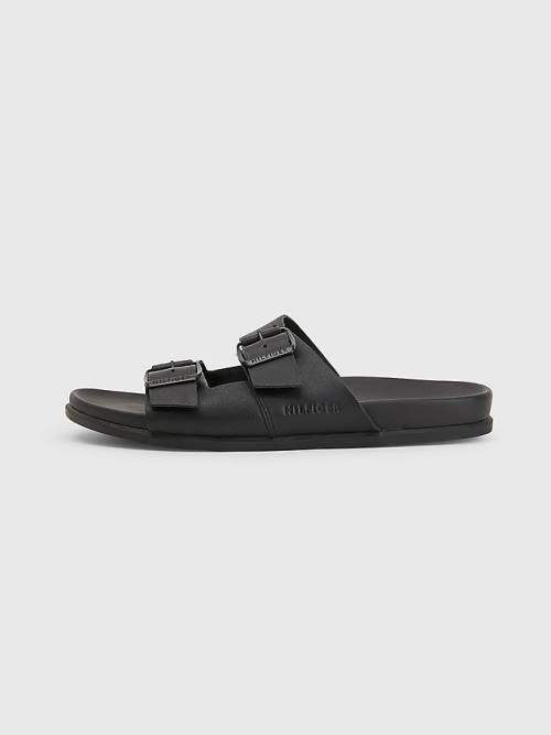 Black Tommy Hilfiger Elevated Double Buckle Leather Men's Sandals | TH694BPE