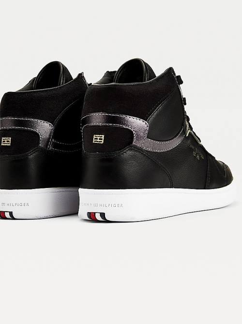 Black Tommy Hilfiger Elevated Leather Metallic Court Women's Sneakers | TH705ATJ