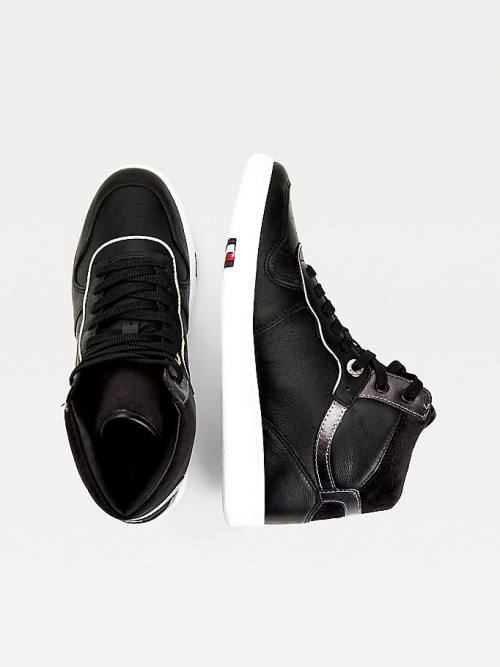 Black Tommy Hilfiger Elevated Leather Metallic Court Women's Sneakers | TH705ATJ