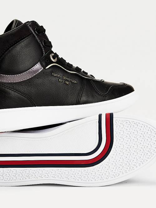 Black Tommy Hilfiger Elevated Leather Metallic Court Women's Sneakers | TH705ATJ