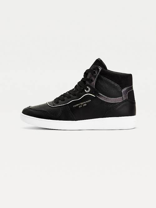 Black Tommy Hilfiger Elevated Leather Metallic Court Women's Sneakers | TH705ATJ