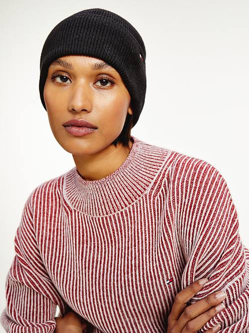 Black Tommy Hilfiger Essential Cotton Cashmere Beanie Women's Hats | TH528TOD