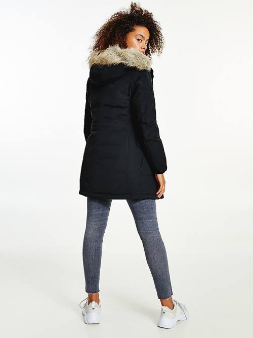 Black Tommy Hilfiger Essential Faux Fur Trim Down Parka Women's Coats | TH093RWS