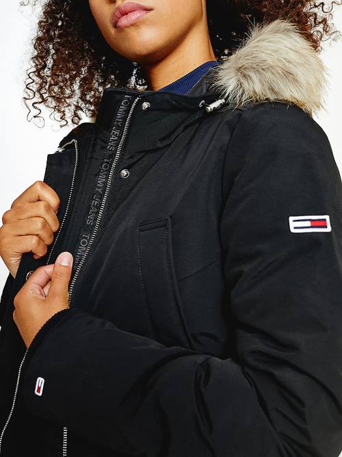 Black Tommy Hilfiger Essential Faux Fur Trim Down Parka Women's Coats | TH093RWS