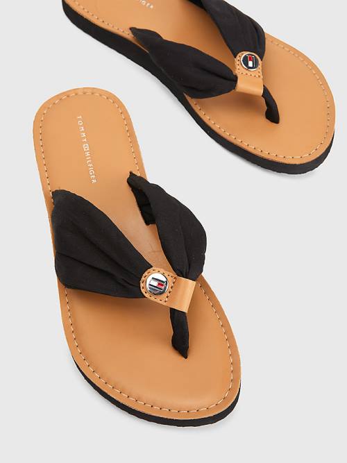 Black Tommy Hilfiger Essential Leather Footbed Flip-Flops Women's Sandals | TH508CFI