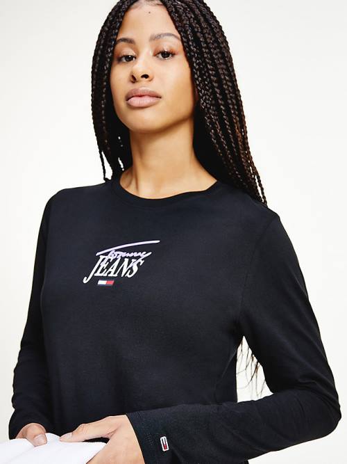 Black Tommy Hilfiger Essential Logo Slim Fit Long Sleeve Women's T Shirts | TH362SEM