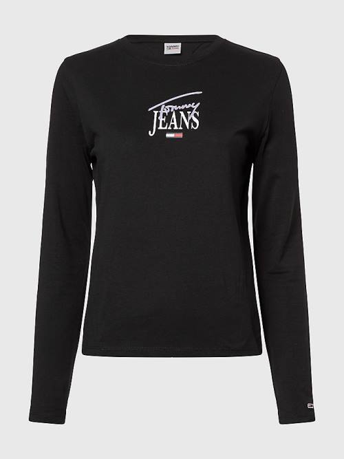 Black Tommy Hilfiger Essential Logo Slim Fit Long Sleeve Women's T Shirts | TH362SEM