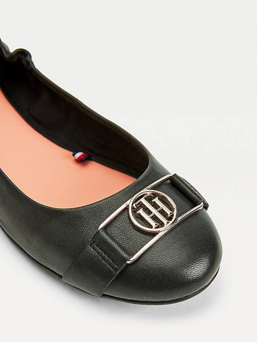 Black Tommy Hilfiger Essential Monogram Leather Women's Ballerina | TH302RGZ