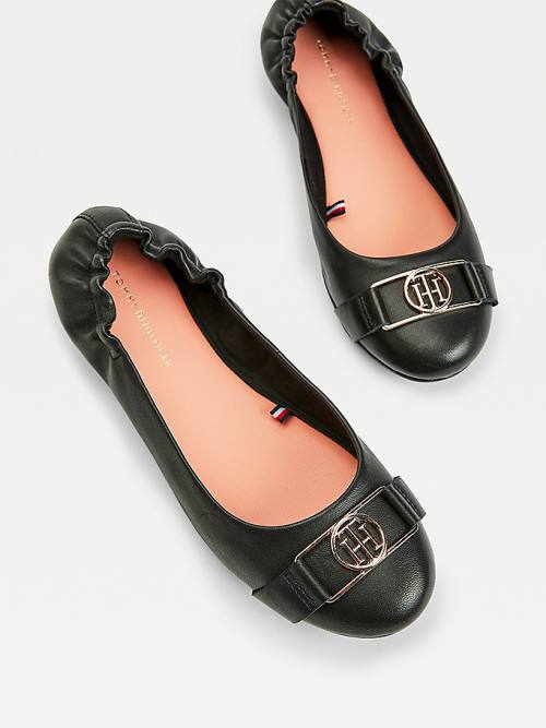 Black Tommy Hilfiger Essential Monogram Leather Women's Ballerina | TH302RGZ