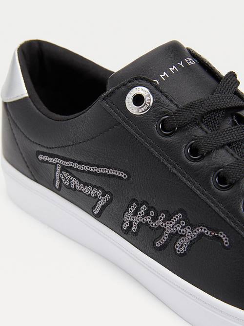 Black Tommy Hilfiger Essential Signature Sequin Cupsole Leather Women's Sneakers | TH621TRC