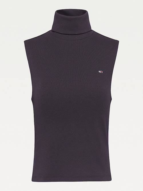 Black Tommy Hilfiger Essential Turtleneck Sleeveless Slim Vest Women's T Shirts | TH821LNT