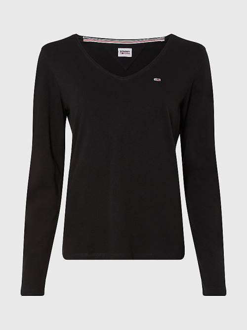 Black Tommy Hilfiger Essential V-Neck Long Sleeve Women\'s T Shirts | TH769HZD