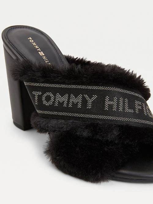 Black Tommy Hilfiger Faux Fur Logo Tape Women's Sandals | TH250SVD