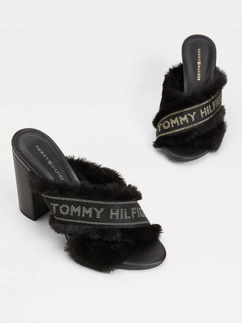 Black Tommy Hilfiger Faux Fur Logo Tape Women's Sandals | TH250SVD