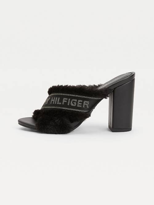 Black Tommy Hilfiger Faux Fur Logo Tape Women's Sandals | TH250SVD