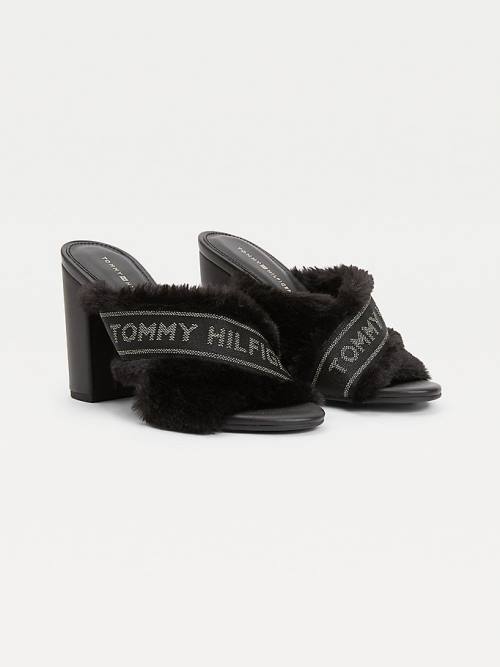 Black Tommy Hilfiger Faux Fur Logo Tape Women\'s Sandals | TH250SVD