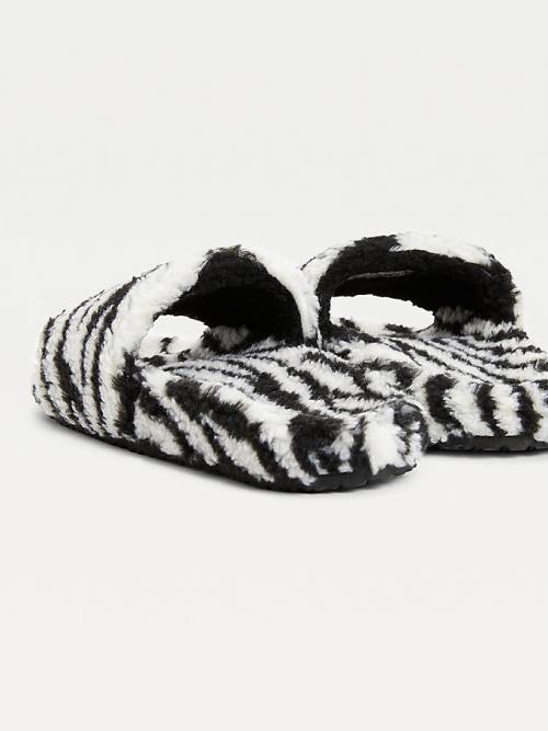 Black Tommy Hilfiger Faux Fur Zebra Slides Women's Sandals | TH463ABN