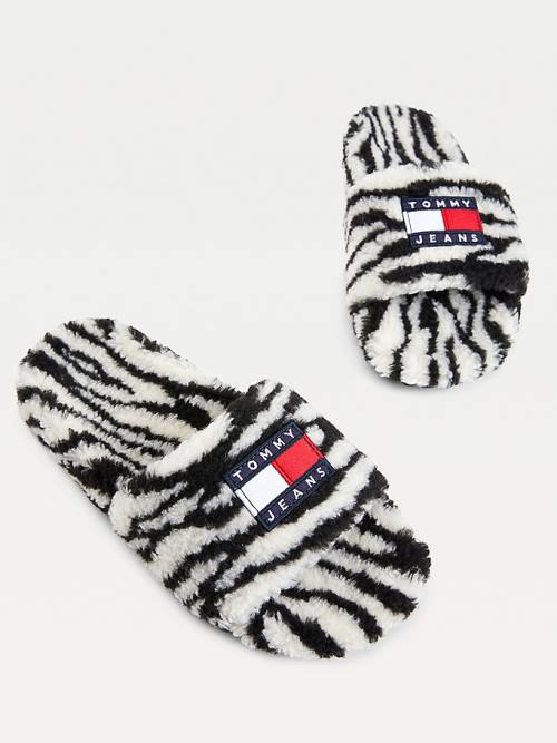 Black Tommy Hilfiger Faux Fur Zebra Slides Women's Sandals | TH463ABN