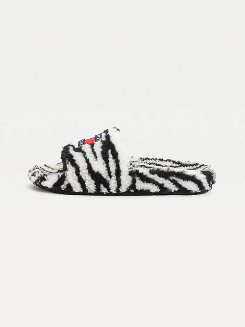 Black Tommy Hilfiger Faux Fur Zebra Slides Women's Sandals | TH463ABN