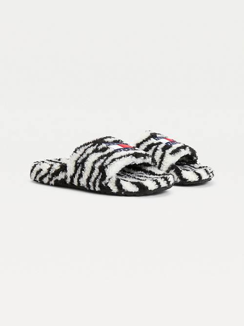 Black Tommy Hilfiger Faux Fur Zebra Slides Women\'s Sandals | TH463ABN