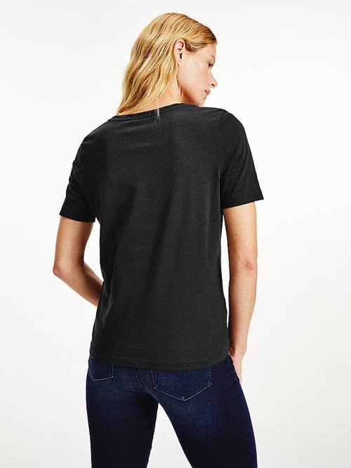 Black Tommy Hilfiger Feather Print Logo Women's T Shirts | TH068MTA