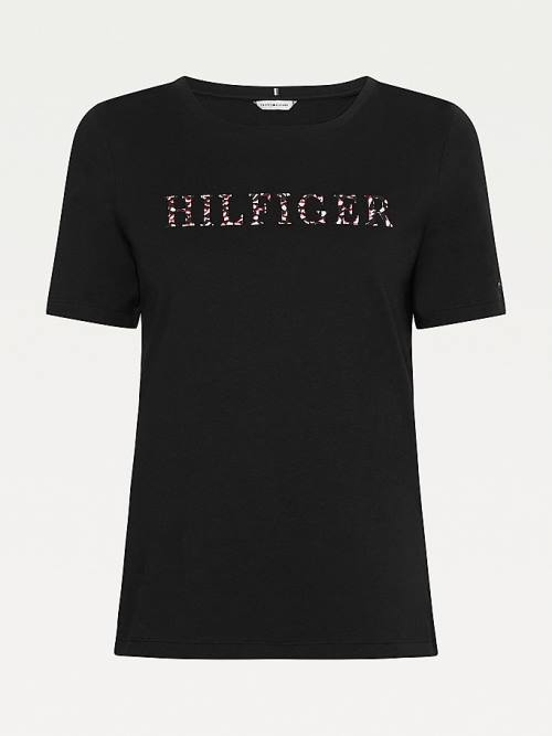 Black Tommy Hilfiger Feather Print Logo Women's T Shirts | TH068MTA