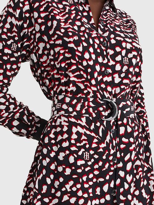 Black Tommy Hilfiger Feather Print Relaxed Fit Midi Women's Dress | TH487SMK