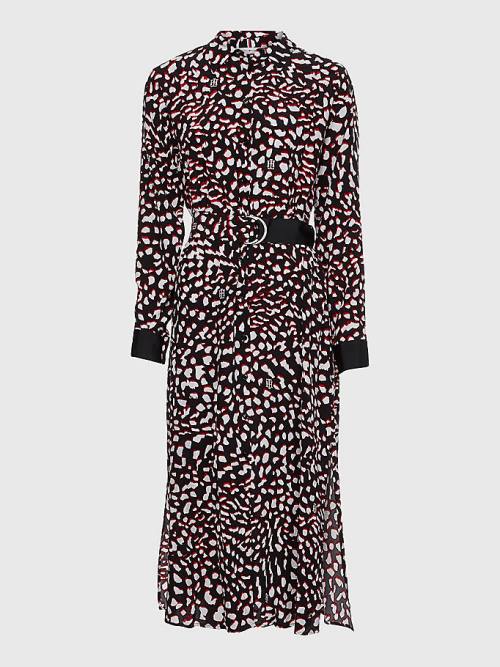 Black Tommy Hilfiger Feather Print Relaxed Fit Midi Women's Dress | TH487SMK